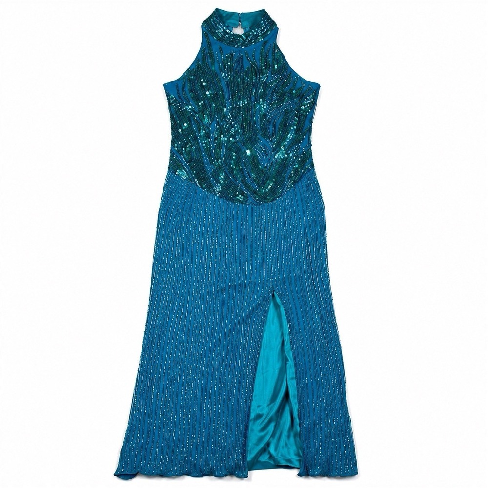 Vintage Teal Beaded Sequin Formal Dress 9/10 Halter Prom Gown Slit